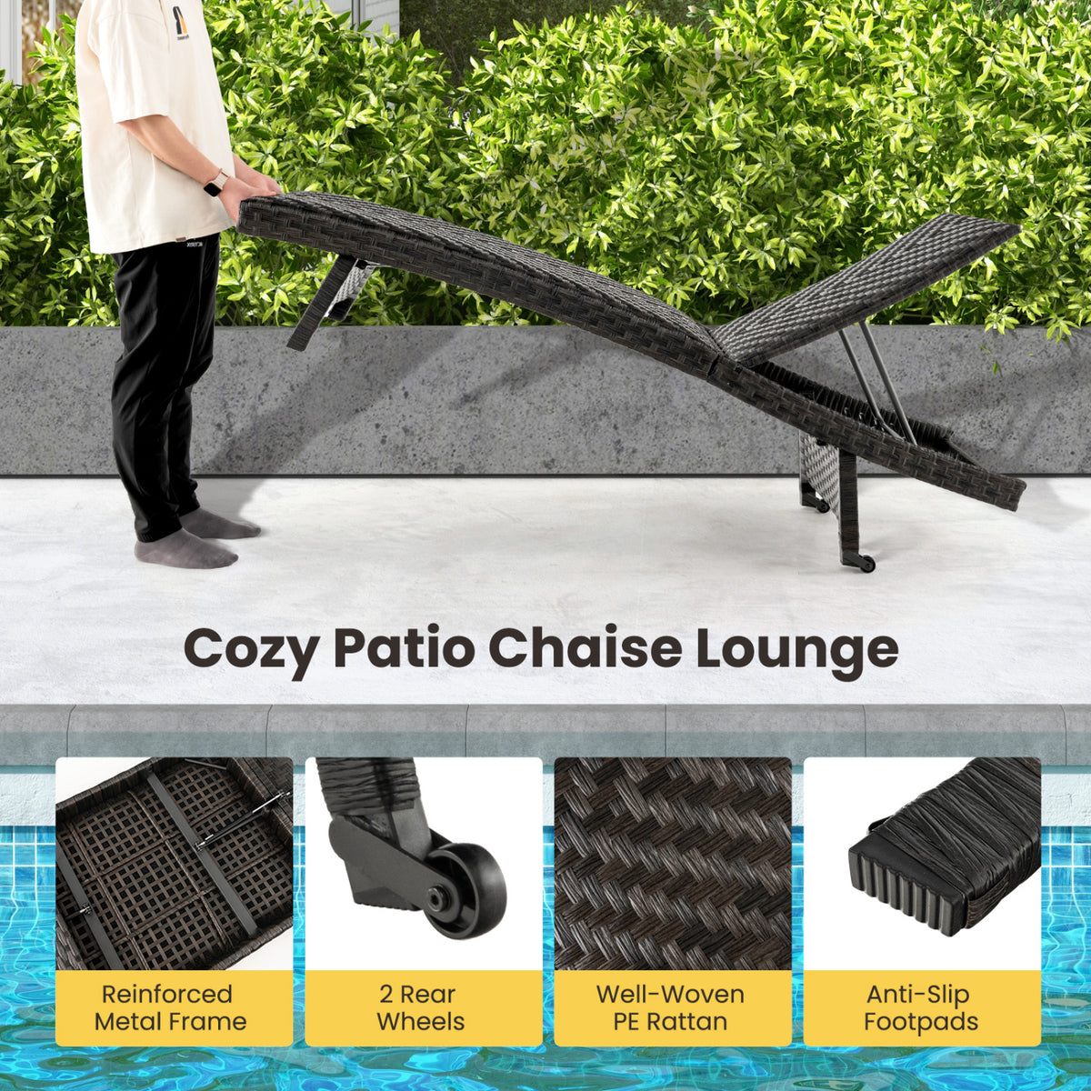 Folding Padded Rattan Patio Chaise Lounge with Adjustable Backrest