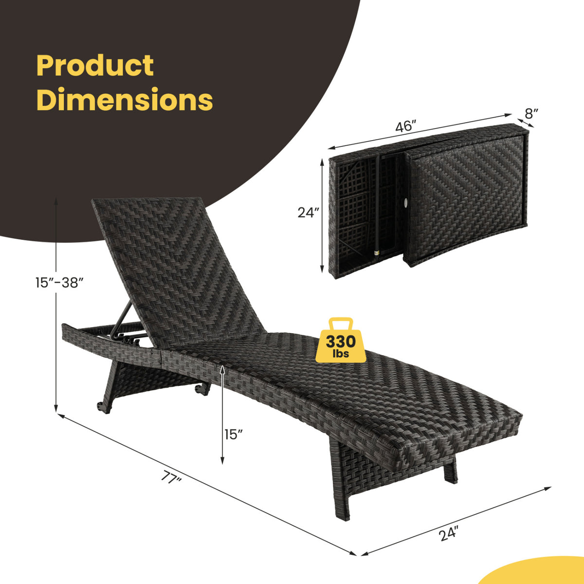 Folding Padded Rattan Patio Chaise Lounge with Adjustable Backrest