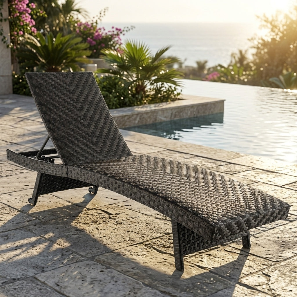 Folding Padded Rattan Patio Chaise Lounge with Adjustable Backrest