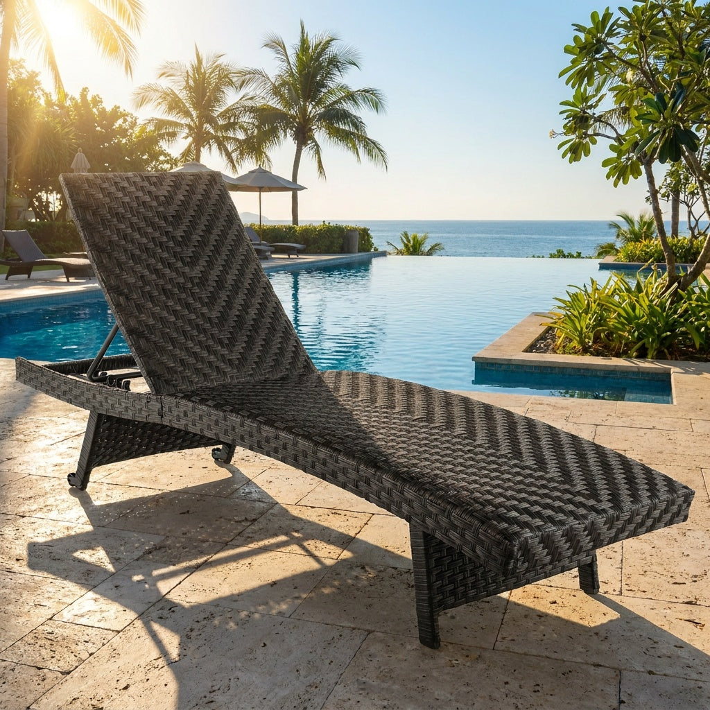 Folding Padded Rattan Patio Chaise Lounge with Adjustable Backrest