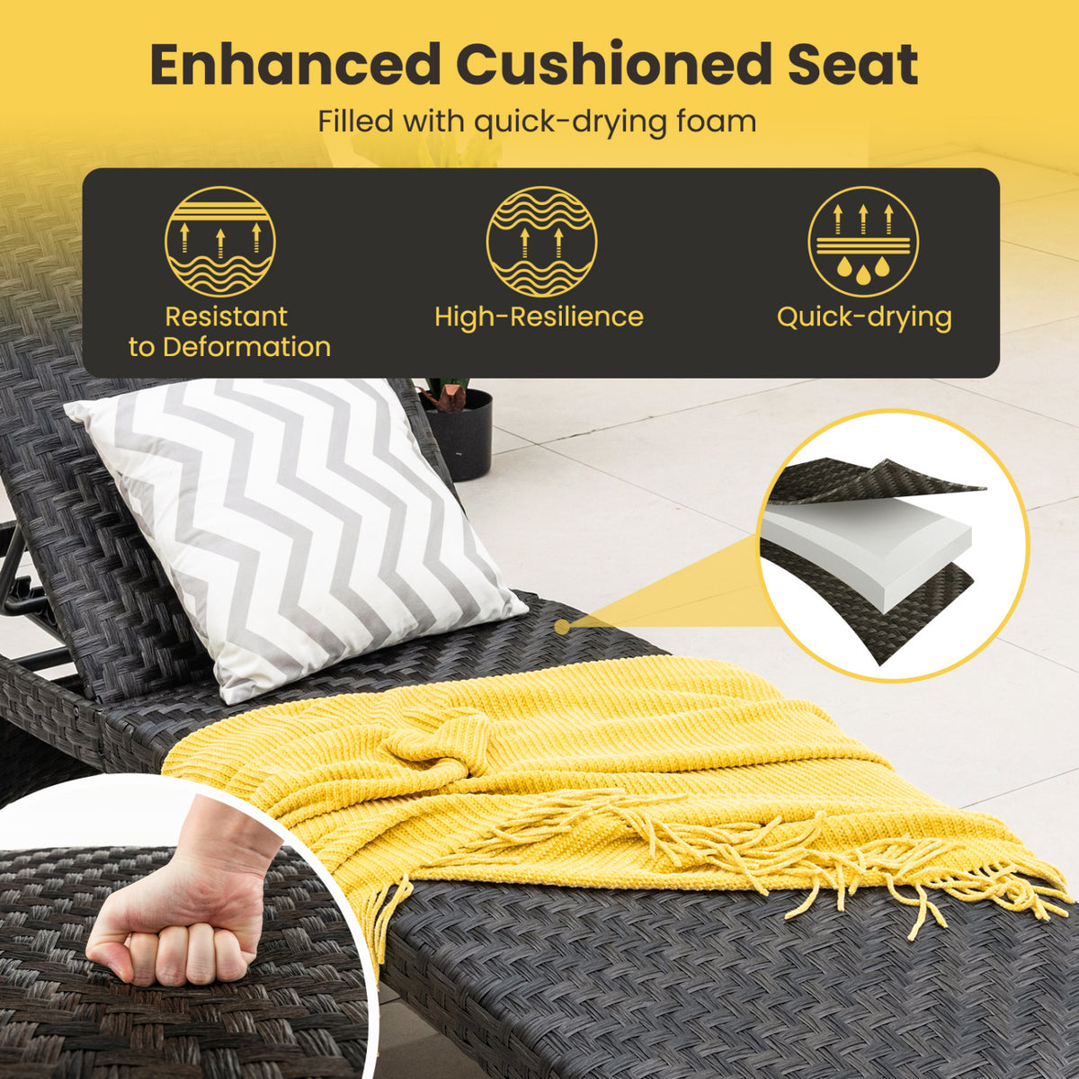 Folding Padded Rattan Patio Chaise Lounge with Adjustable Backrest