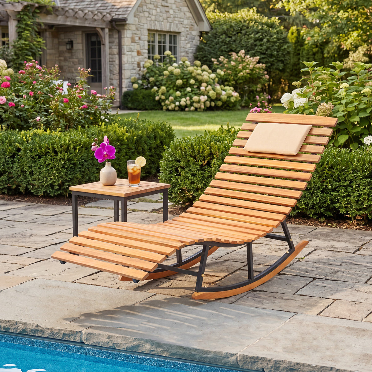 Folding Patio Lounge Chair with Double-Sided Cushioned Seat