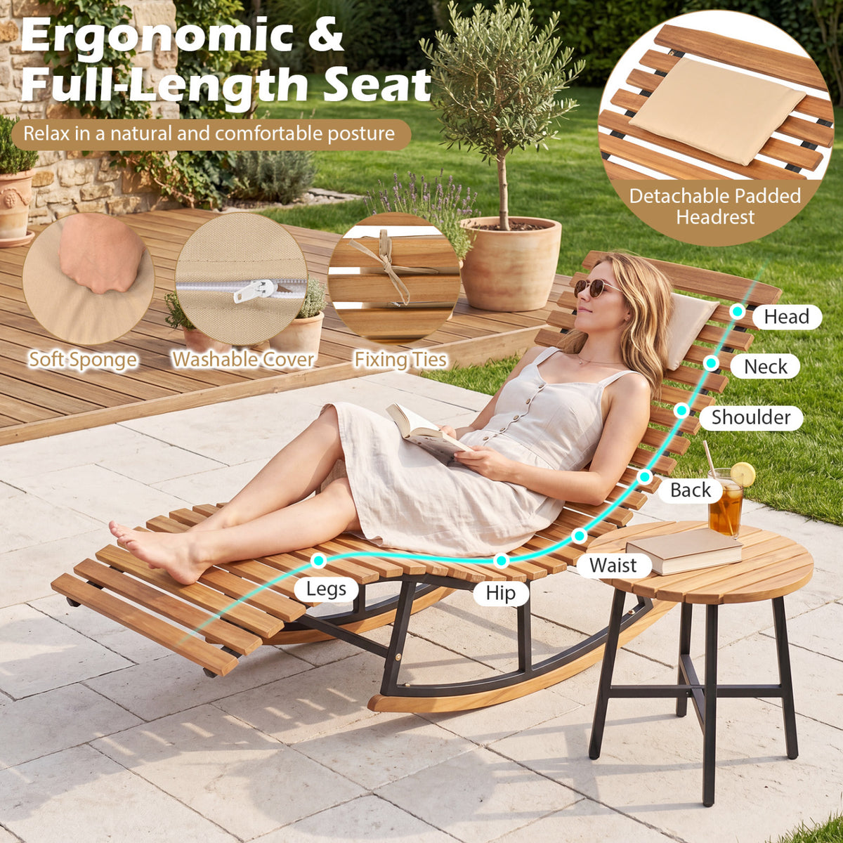Folding Patio Lounge Chair with Double-Sided Cushioned Seat