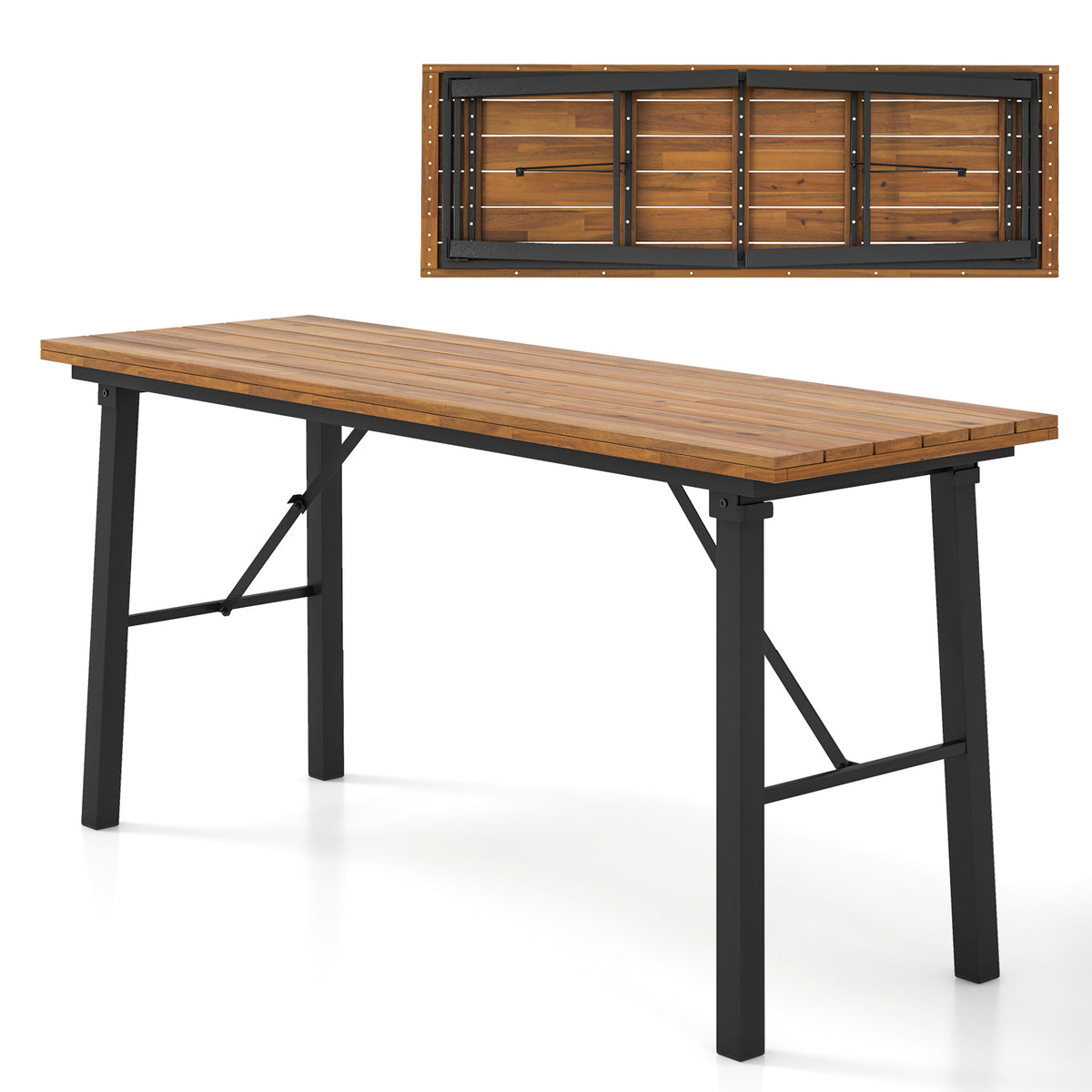 Folding Picnic Table Acacia Wood Dining with Metal Frame for Indoor