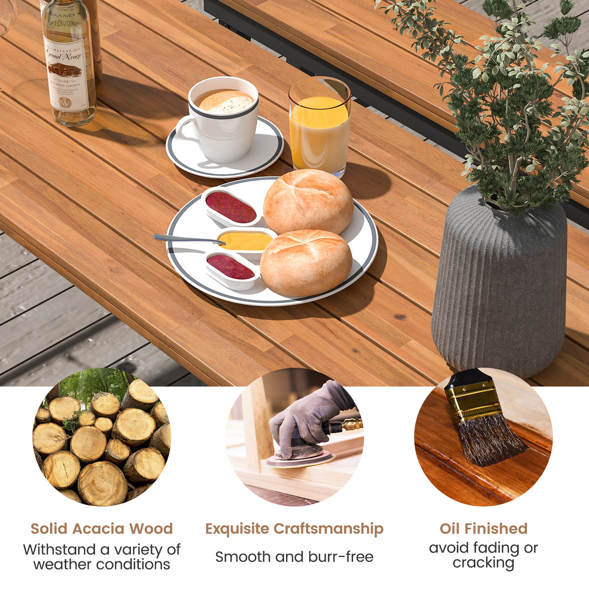 Folding Picnic Table Acacia Wood Dining with Metal Frame for Indoor