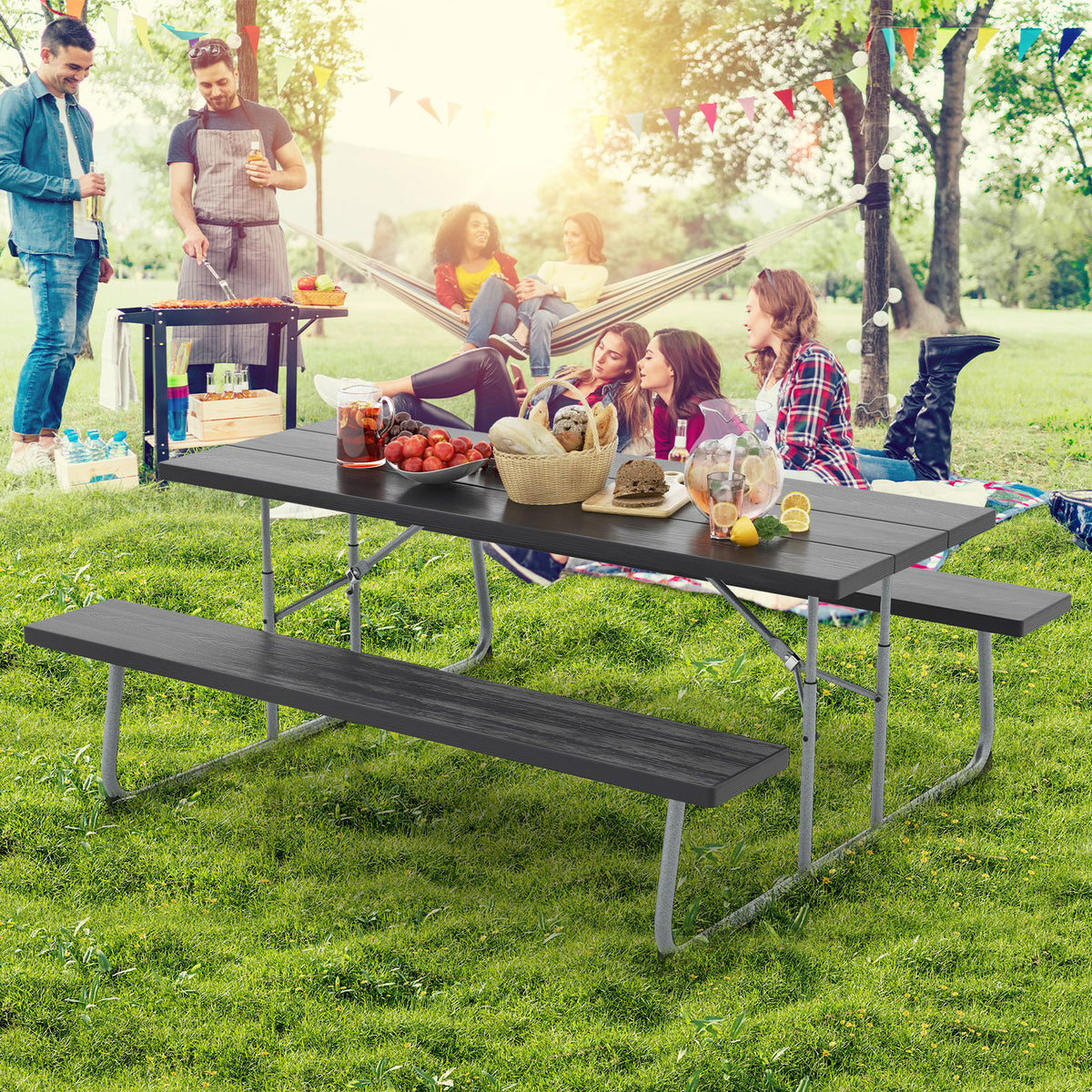 Folding Picnic Table 29" x 72" with Umbrella Hole - Black