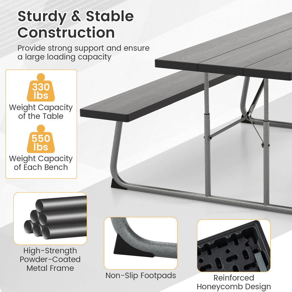 Folding Picnic Table 29" x 72" with Umbrella Hole - Black