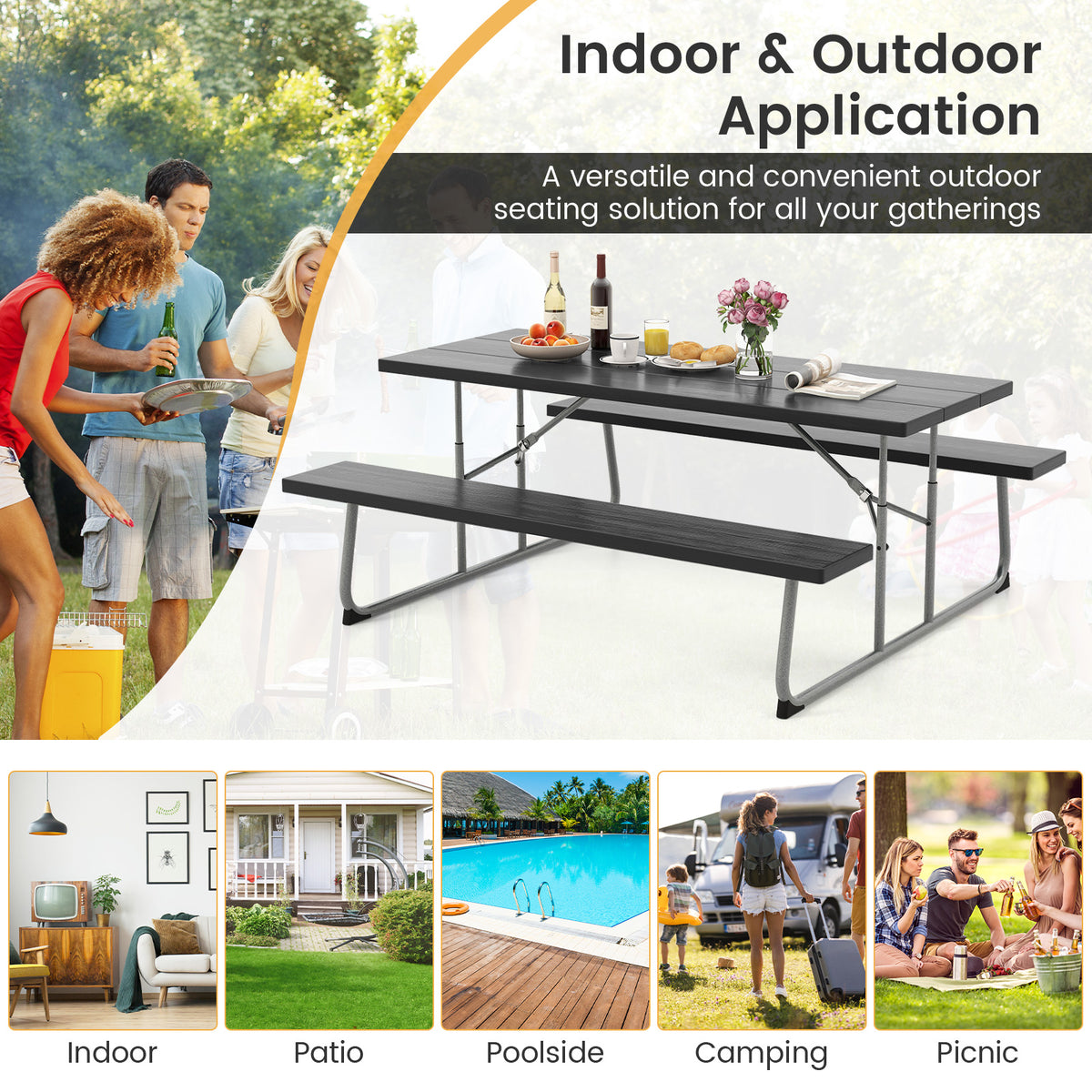 Folding Picnic Table 29" x 72" with Umbrella Hole - Black