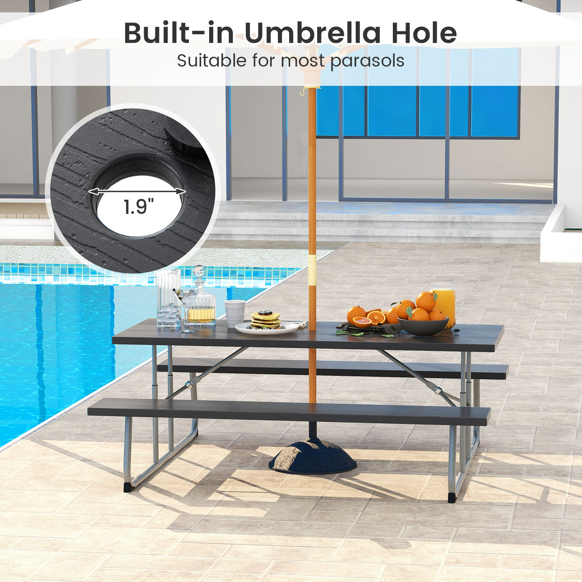 Folding Picnic Table 29" x 72" with Umbrella Hole - Black