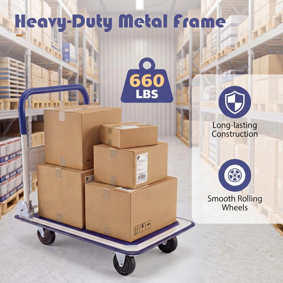 Folding Platform Hand Truck with 4 Wheels & Collapsible Bed for