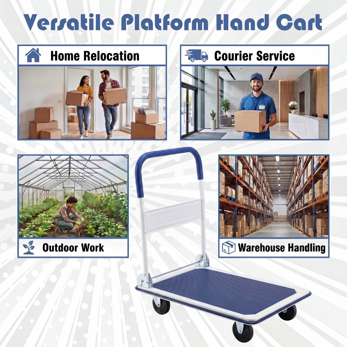 Folding Platform Hand Truck with 4 Wheels & Collapsible Bed for