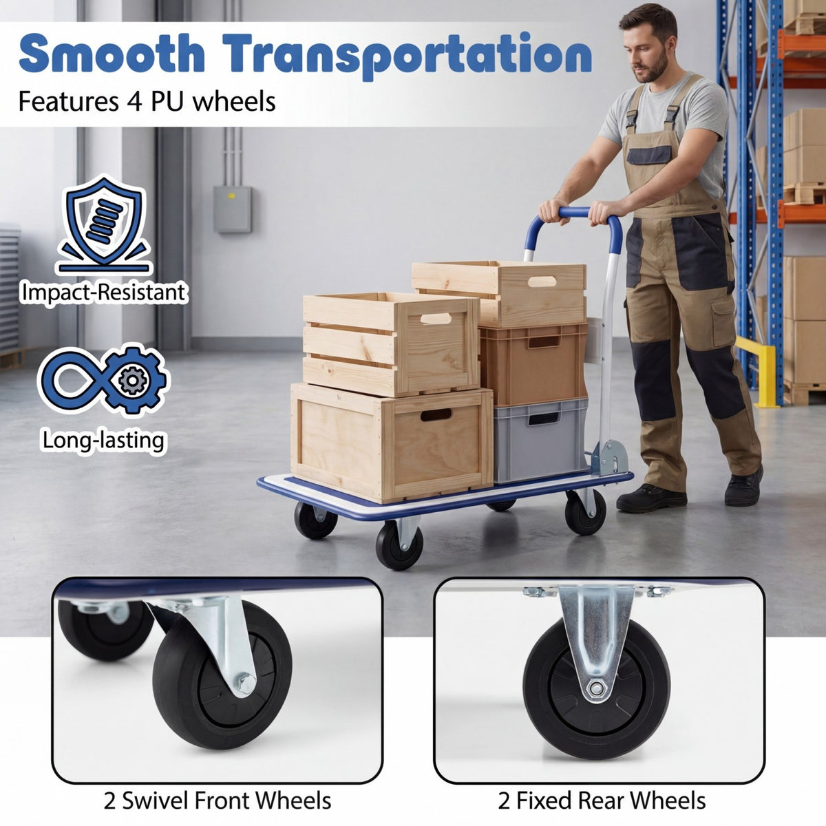Folding Platform Hand Truck with Collapsible Bed & 4 Wheels for