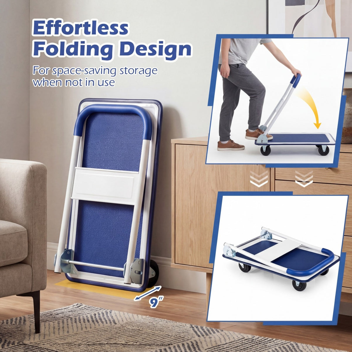 Folding Platform Hand Truck with Collapsible Bed & 4 Wheels for