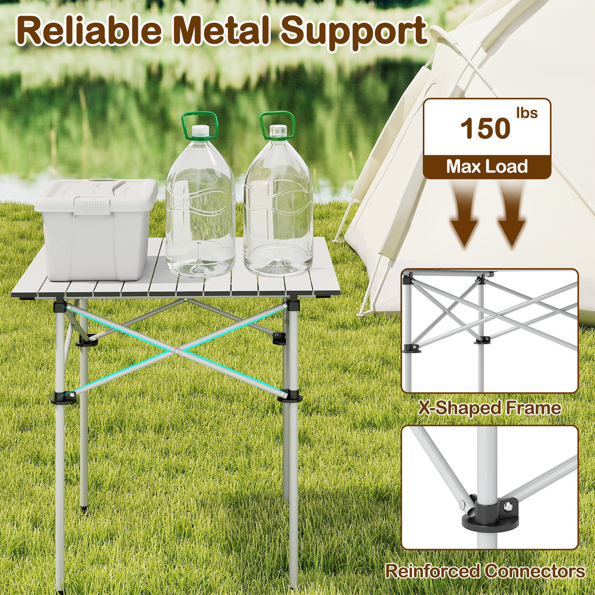 Folding Camping Table with Metal Legs - Silver