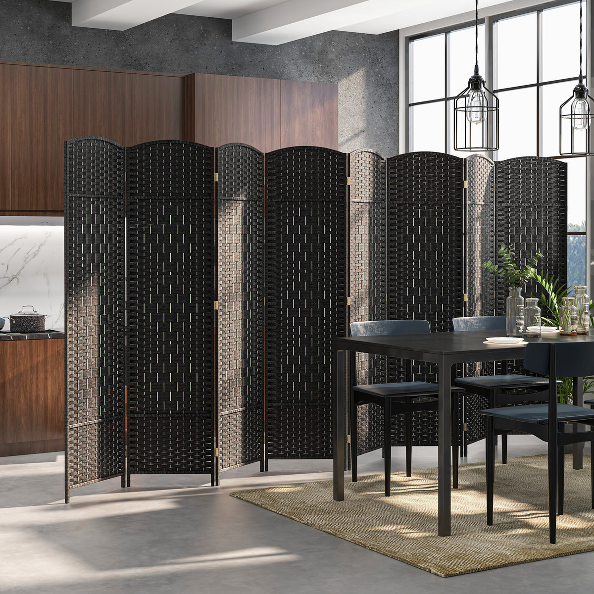Black 8-Panel Folding Room Divider with Hand-Woven Texture and Solid Wood Frame