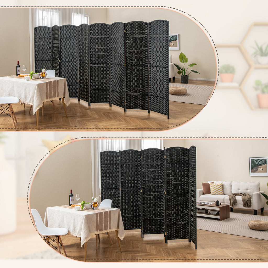 Black 8-Panel Folding Room Divider with Hand-Woven Texture and Solid Wood Frame