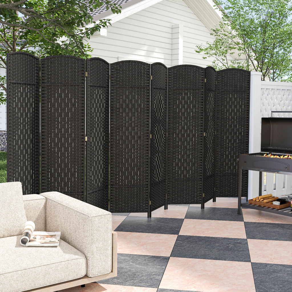 Black 8-Panel Folding Room Divider with Hand-Woven Texture and Solid Wood Frame