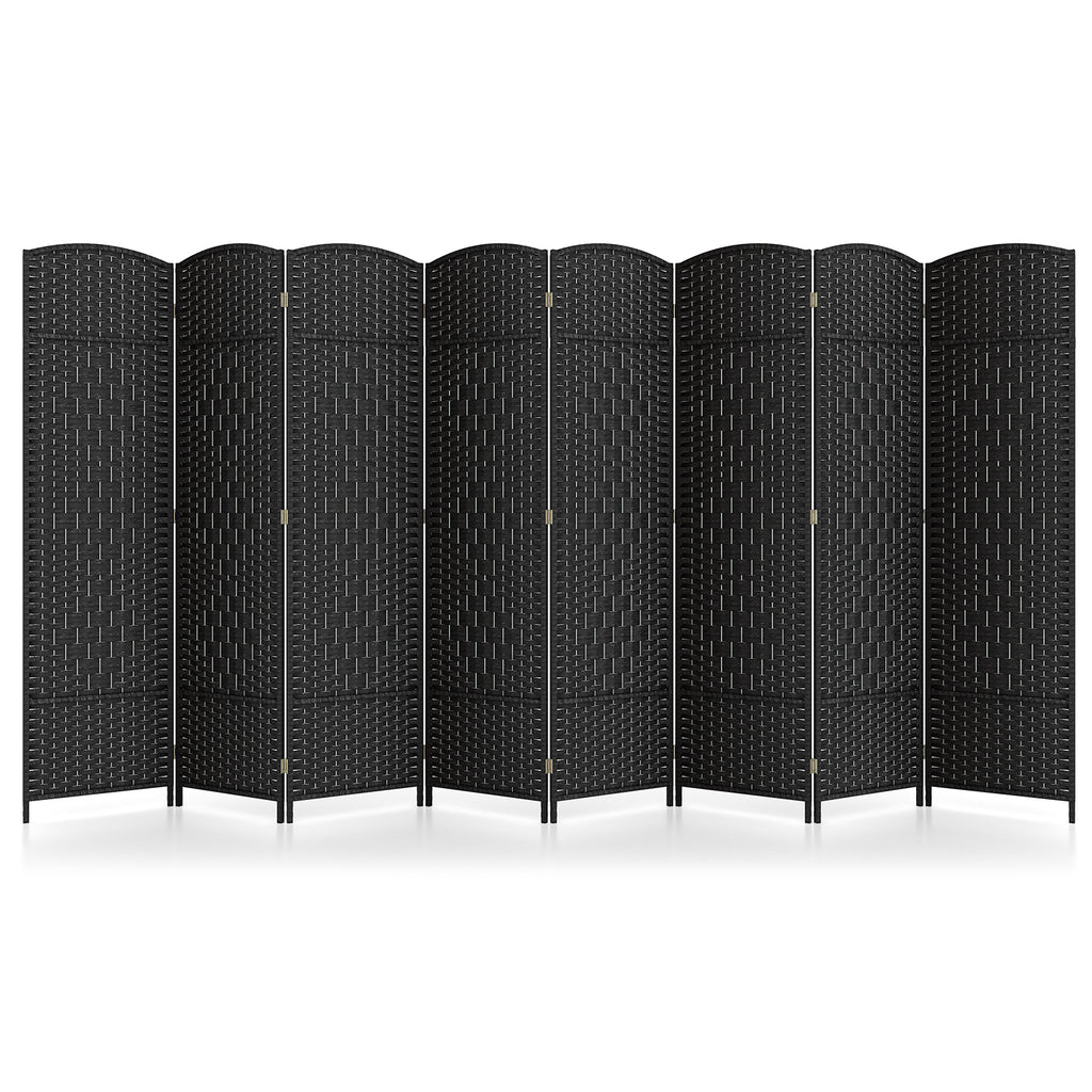 Black 8-Panel Folding Room Divider with Hand-Woven Texture and Solid Wood Frame