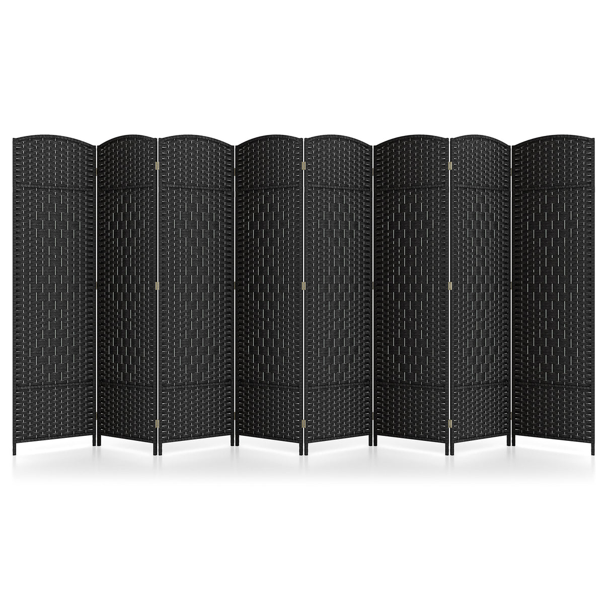 Black 8-Panel Folding Room Divider with Hand-Woven Texture and Solid Wood Frame