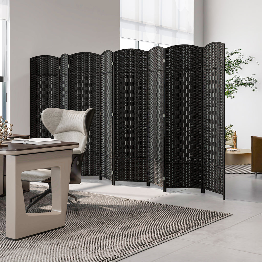 Black 8-Panel Folding Room Divider with Hand-Woven Texture and Solid Wood Frame