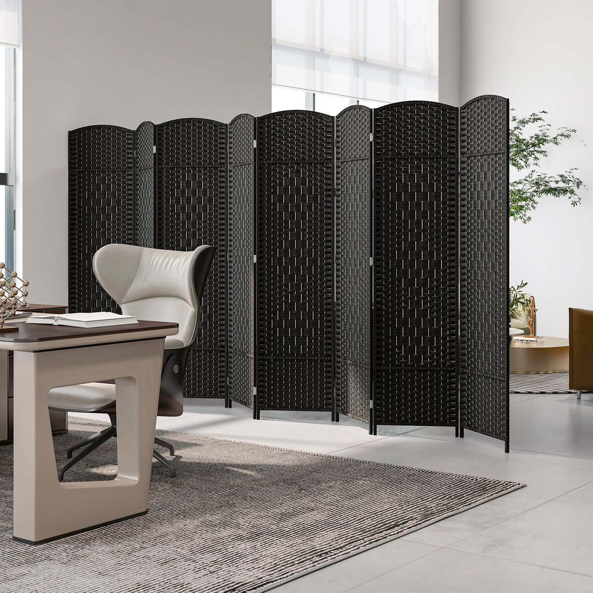 Black 8-Panel Folding Room Divider with Hand-Woven Texture and Solid Wood Frame