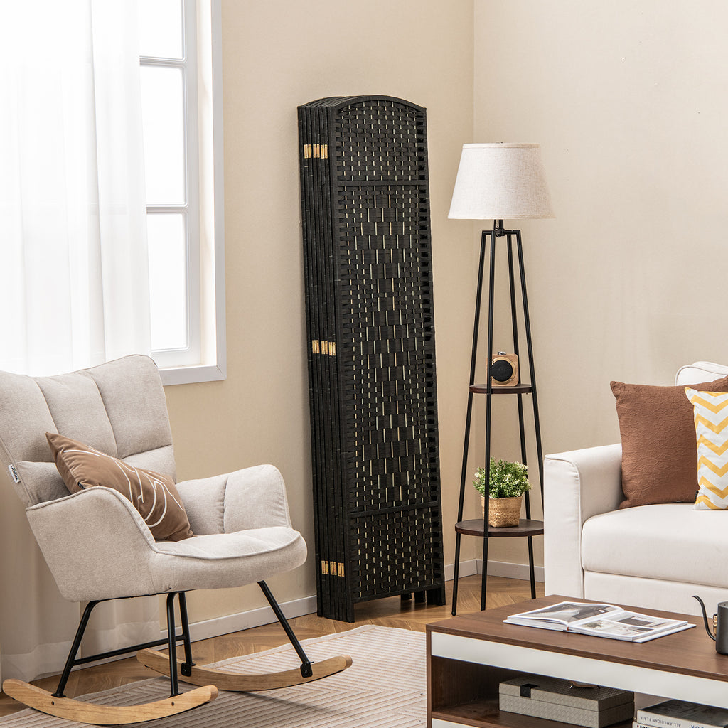 Black 8-Panel Folding Room Divider with Hand-Woven Texture and Solid Wood Frame