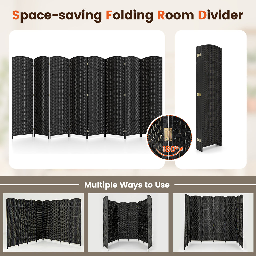 Black 8-Panel Folding Room Divider with Hand-Woven Texture and Solid Wood Frame