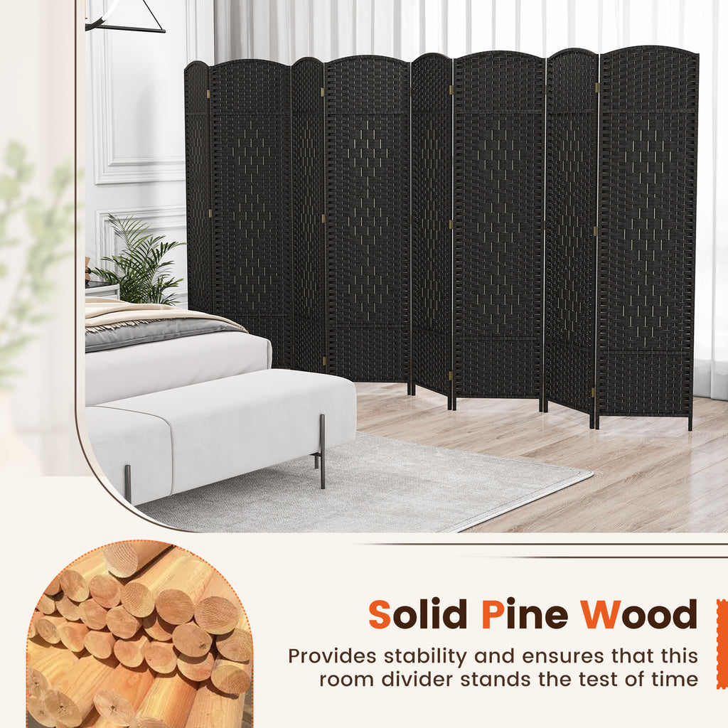 Black 8-Panel Folding Room Divider with Hand-Woven Texture and Solid Wood Frame