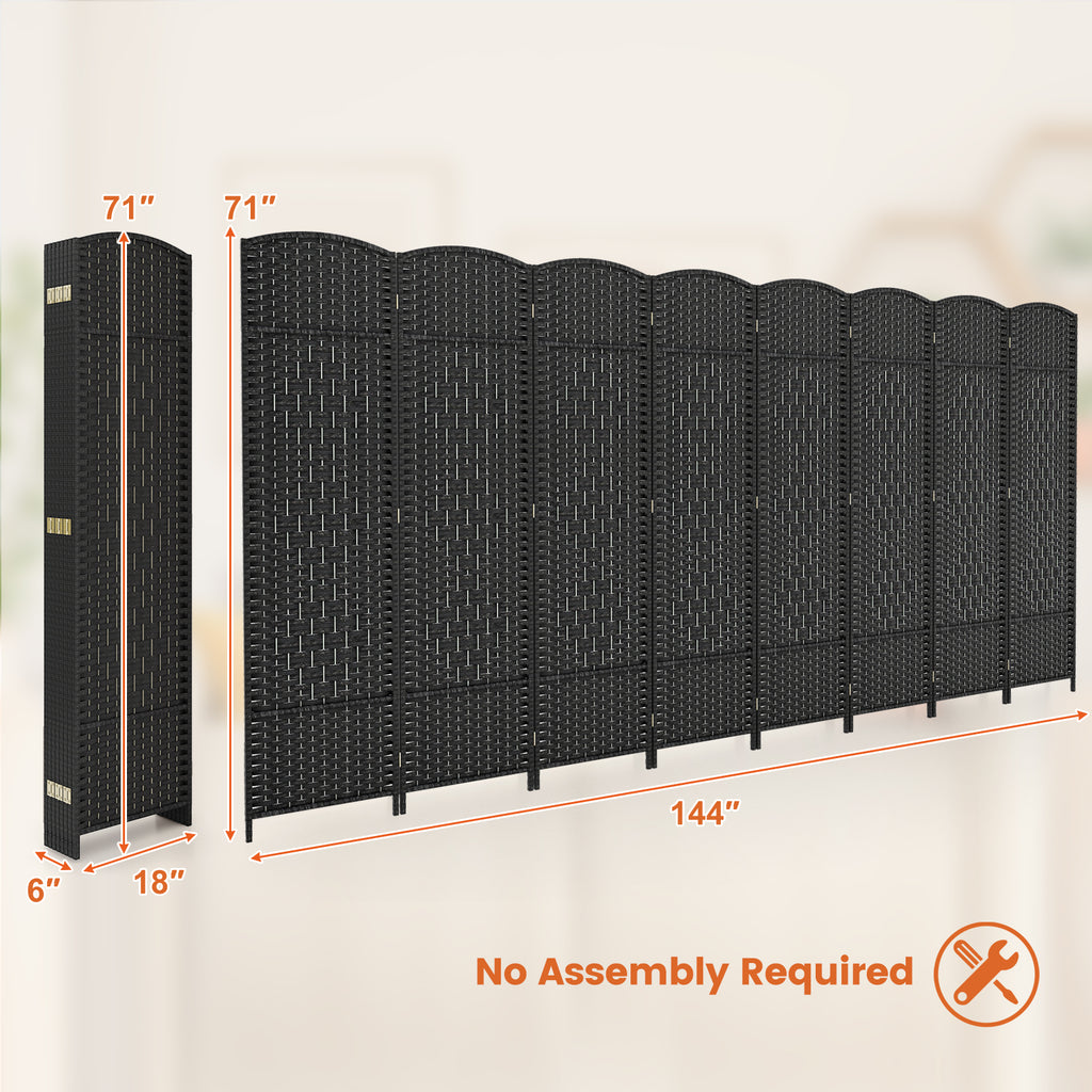 Black 8-Panel Folding Room Divider with Hand-Woven Texture and Solid Wood Frame