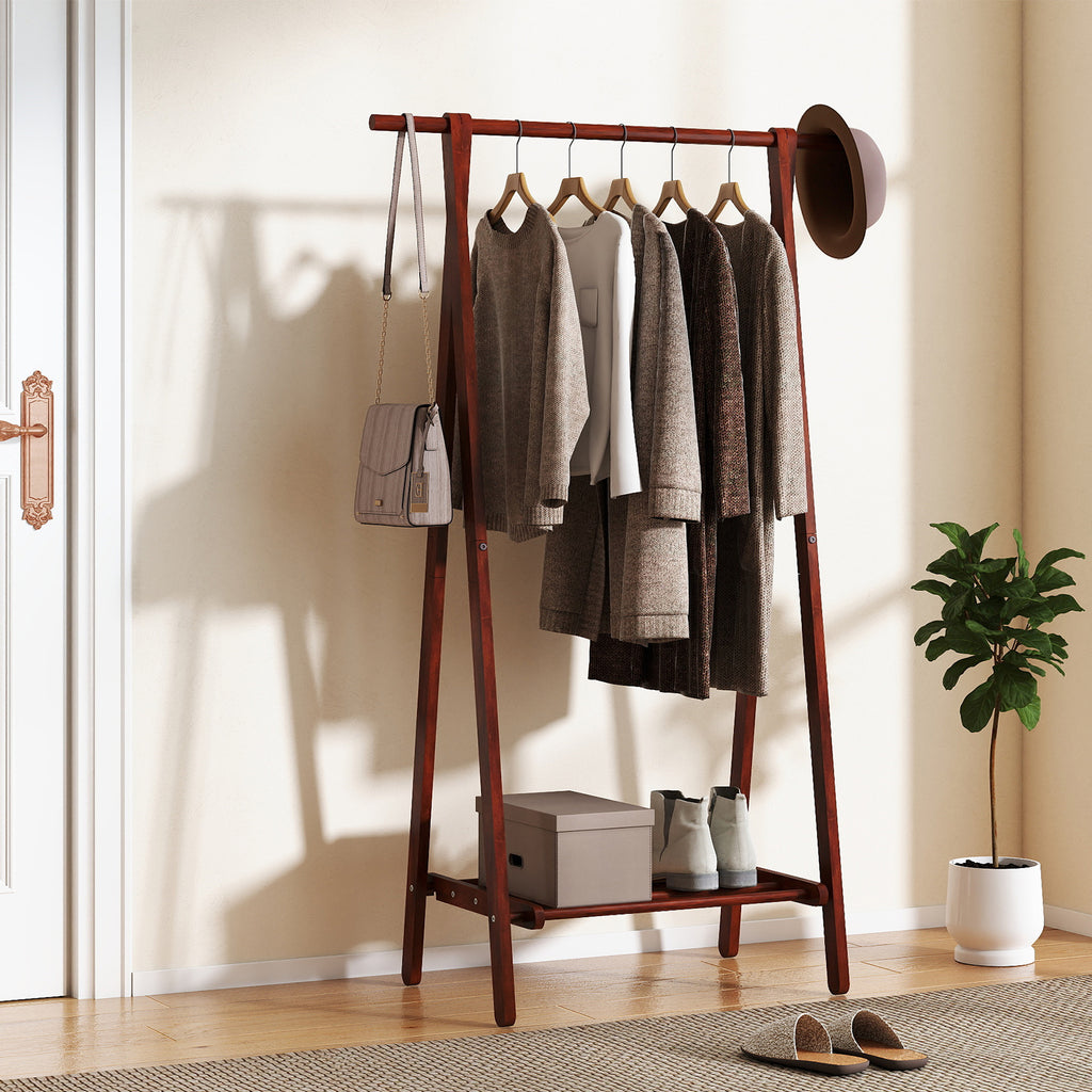 Folding Rubber Wood Clothes Hanging Rack Standing Garment with Bottom