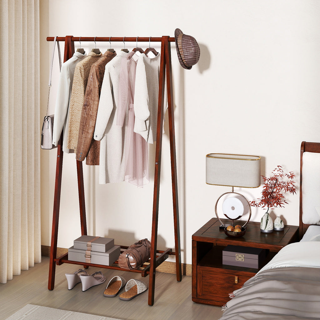Folding Rubber Wood Clothes Hanging Rack Standing Garment with Bottom