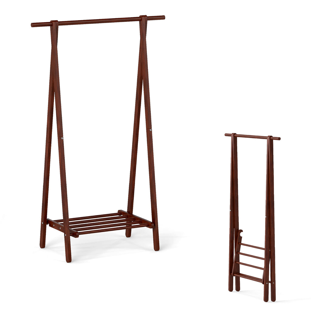 Folding Rubber Wood Clothes Hanging Rack Standing Garment with Bottom