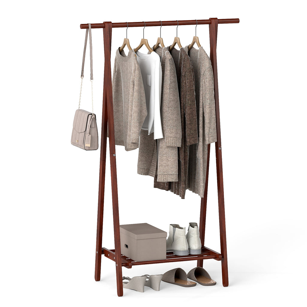 Folding Rubber Wood Clothes Hanging Rack Standing Garment with Bottom