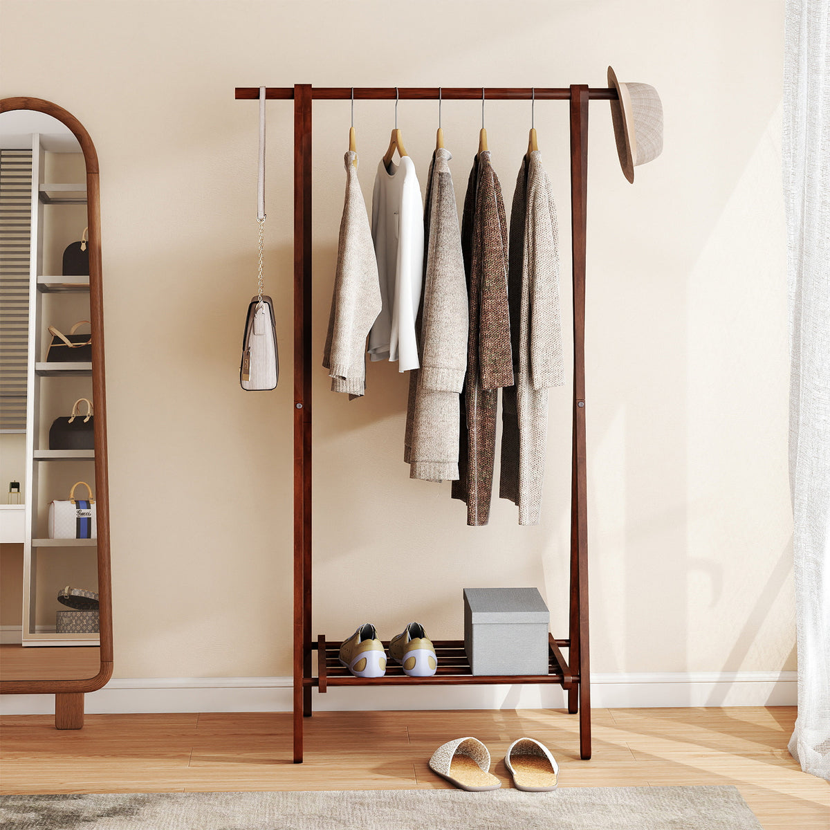 Folding Rubber Wood Clothes Hanging Rack Standing Garment with Bottom