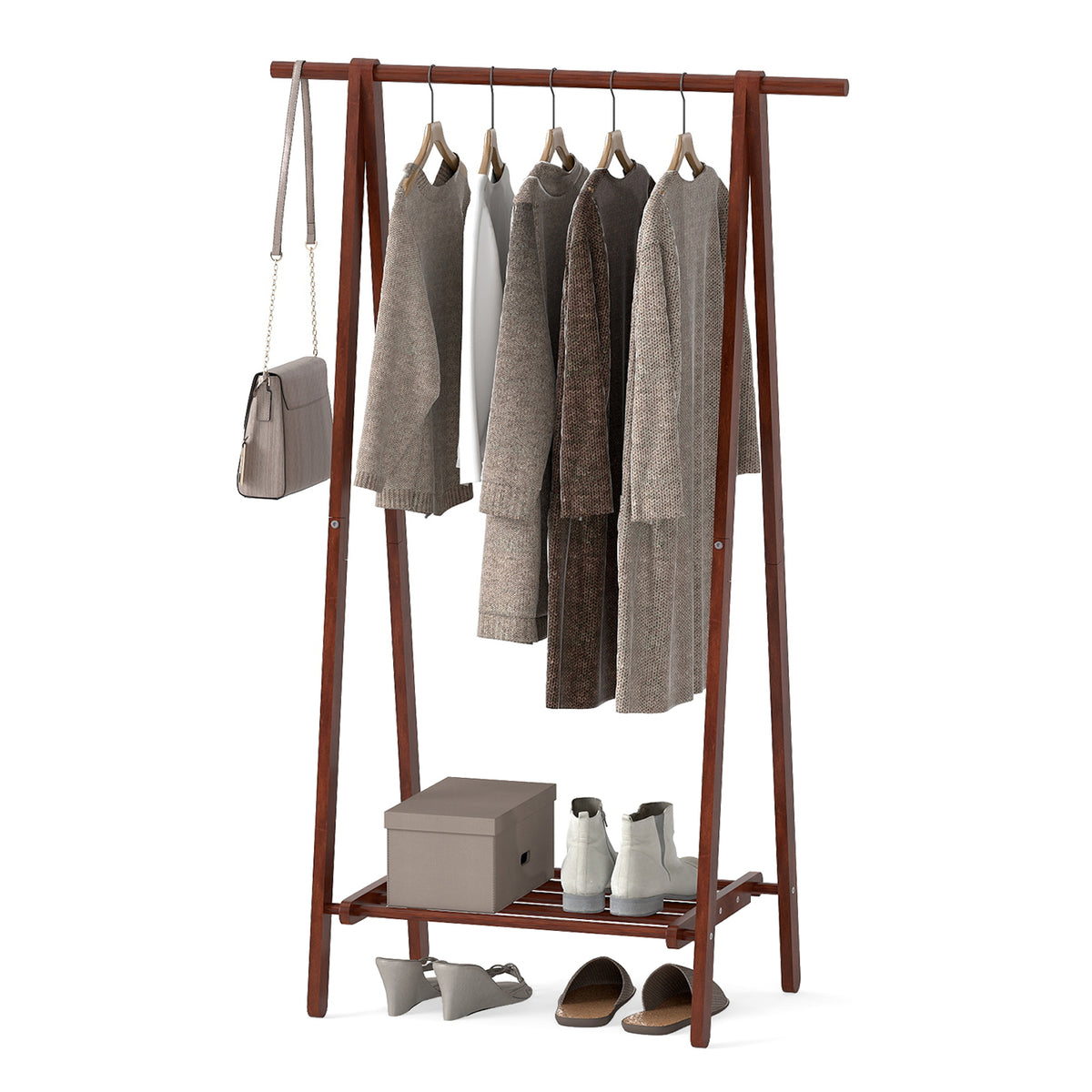 Folding Rubber Wood Clothes Hanging Rack Standing Garment with Bottom