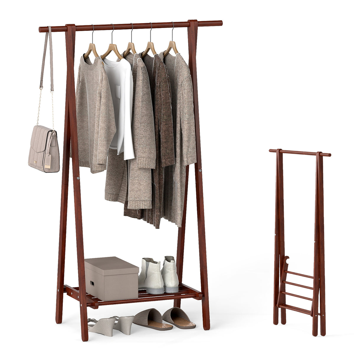 Folding Rubber Wood Clothes Hanging Rack Standing Garment with Bottom