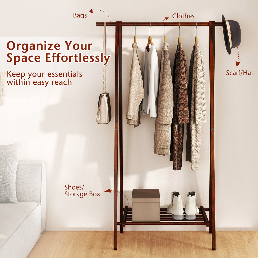 Folding Rubber Wood Clothes Hanging Rack Standing Garment with Bottom