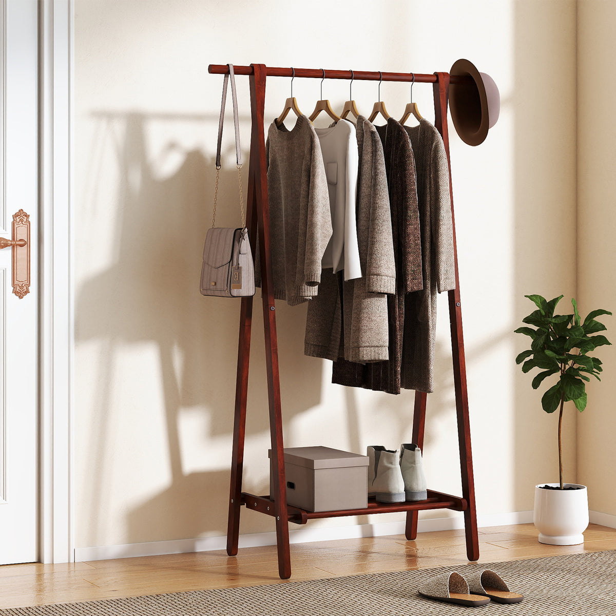 Folding Rubber Wood Clothes Hanging Rack Standing Garment with Bottom