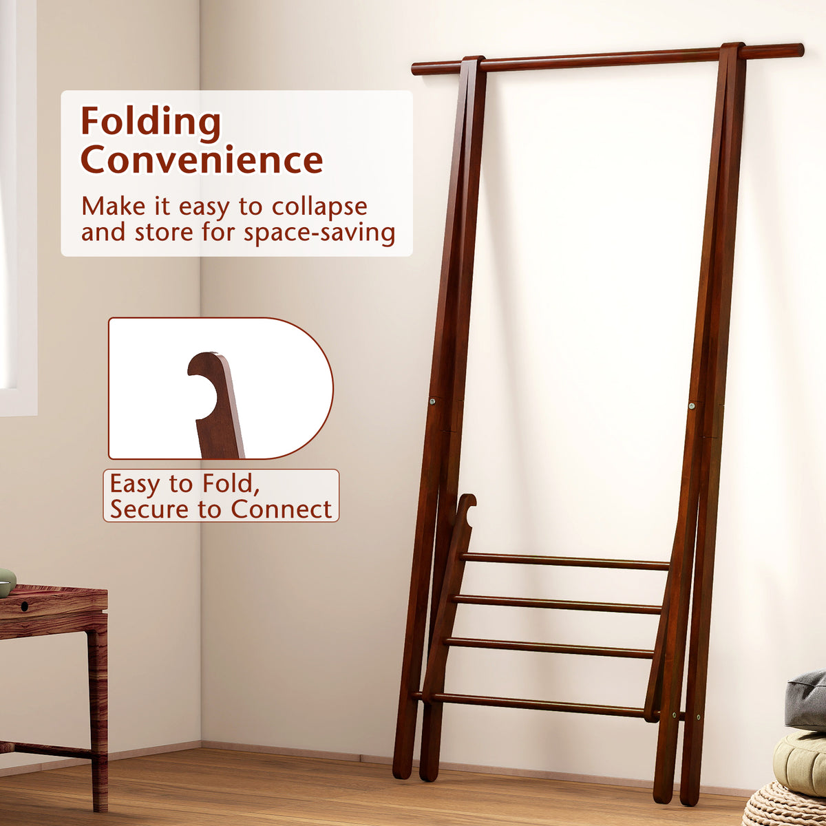 Folding Rubber Wood Clothes Hanging Rack Standing Garment with Bottom