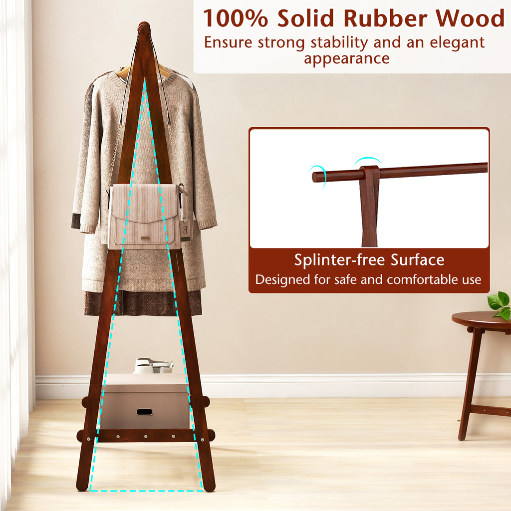 Folding Rubber Wood Clothes Hanging Rack Standing Garment with Bottom