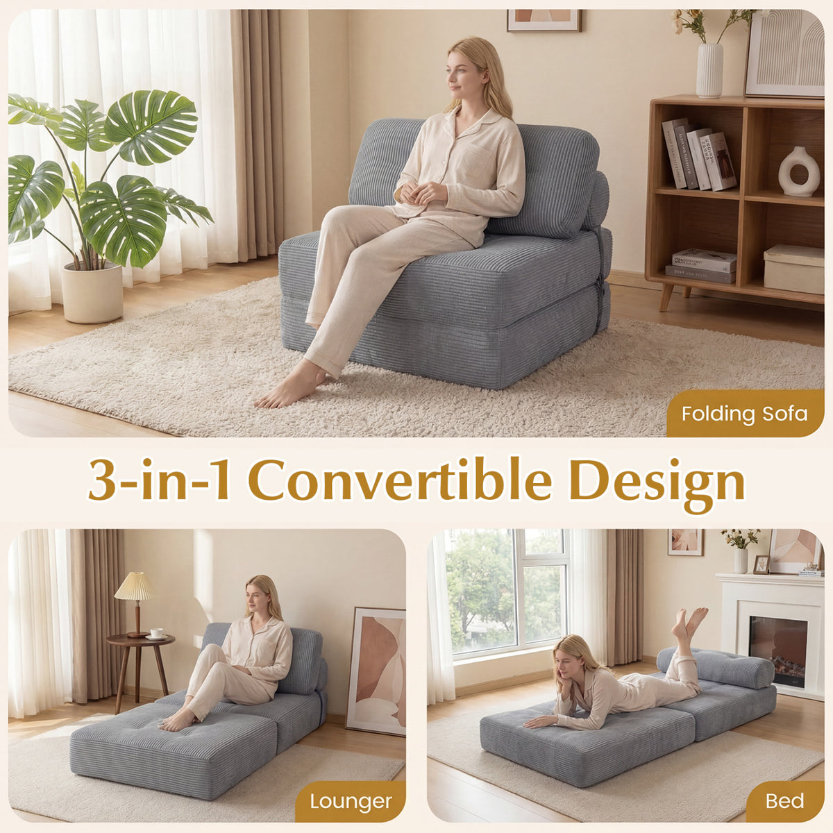 Folding Sofa Bed 3-in-1 Lounger with Pillow, Gray