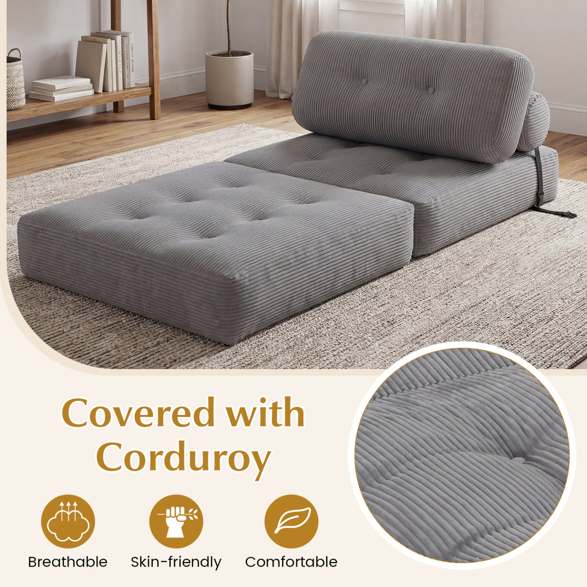 Folding Sofa Bed 3-in-1 Lounger with Pillow, Gray