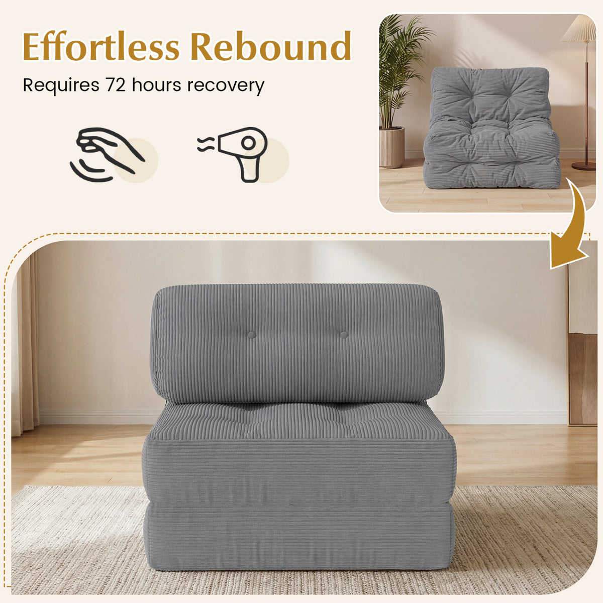 Folding Sofa Bed 3-in-1 Lounger with Pillow, Gray
