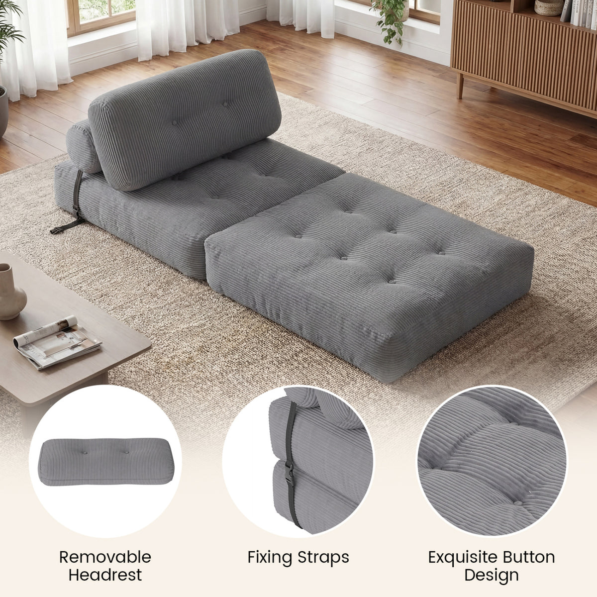 Folding Sofa Bed with Pillow and Back Support - Gray