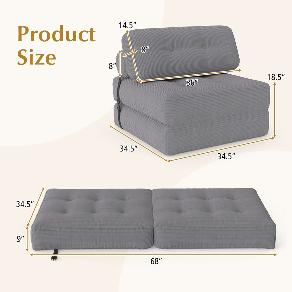Folding Sofa Bed 3-in-1 Lounger with Pillow, Gray
