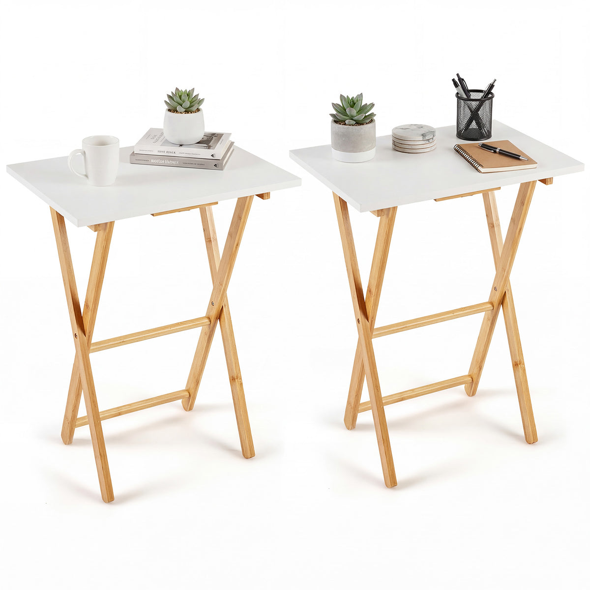 Folding TV Tray Tables Set of 2, White - Bamboo