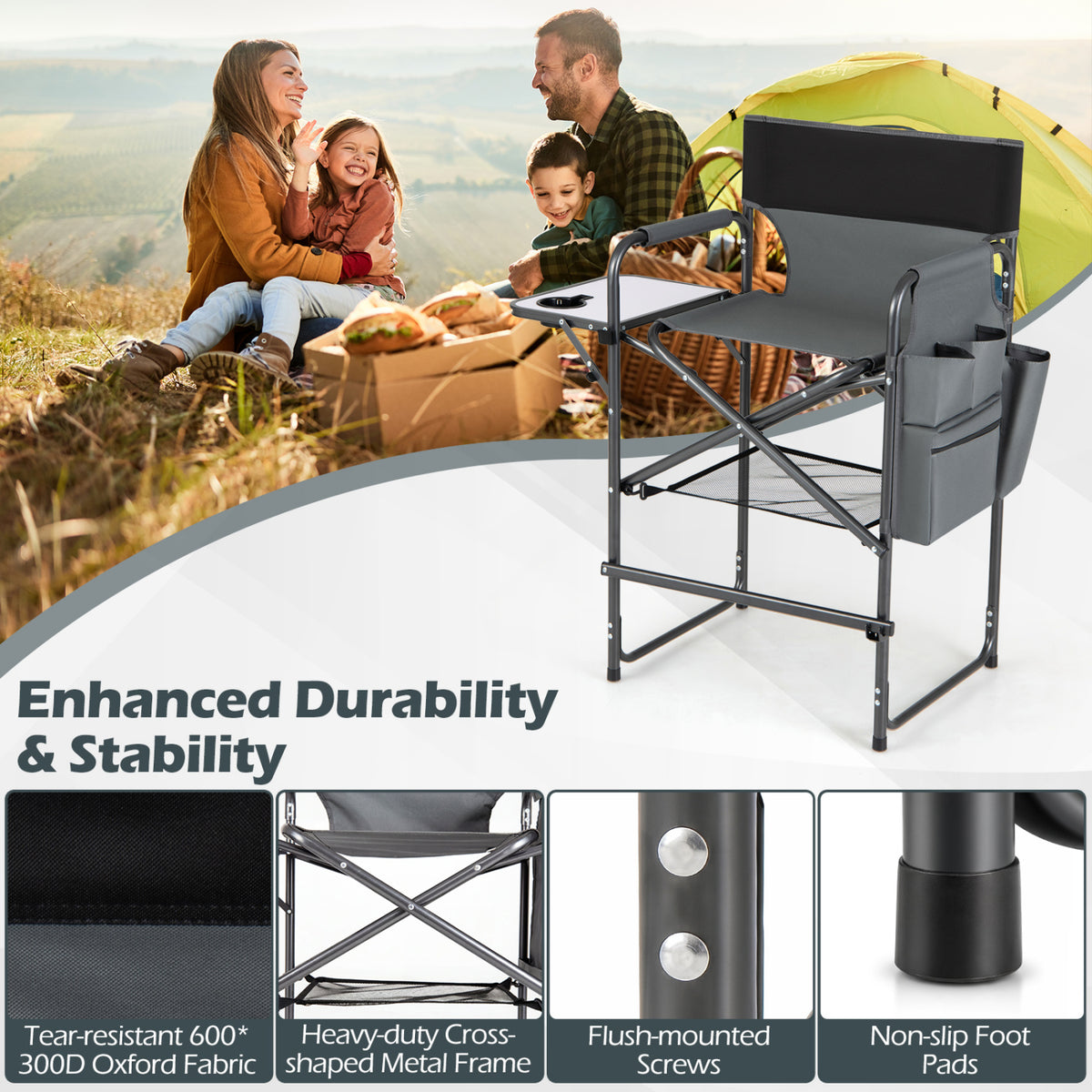 Folding Tall Director Chair 26 Inch Seat Height Portable Camping with