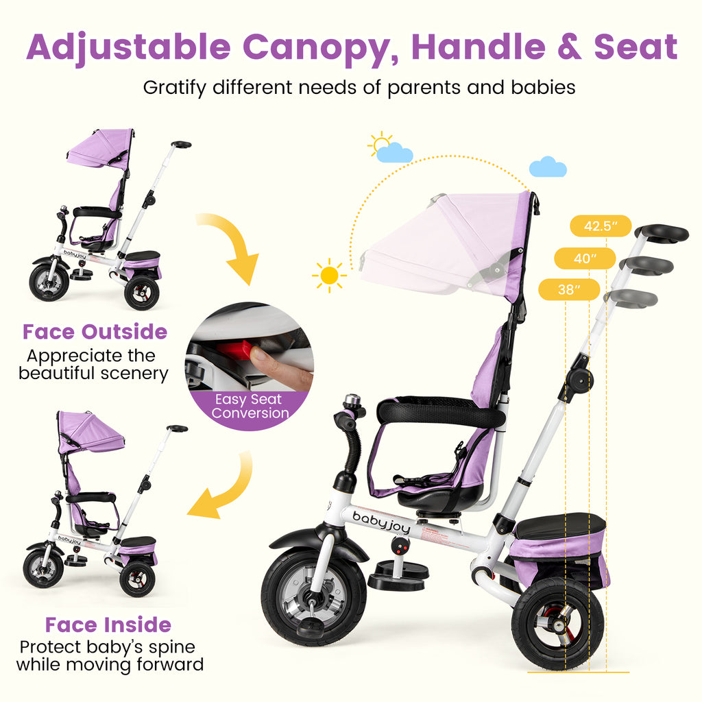 Pink Folding Baby Tricycle with Reversible Seat & Adjustable Canopy