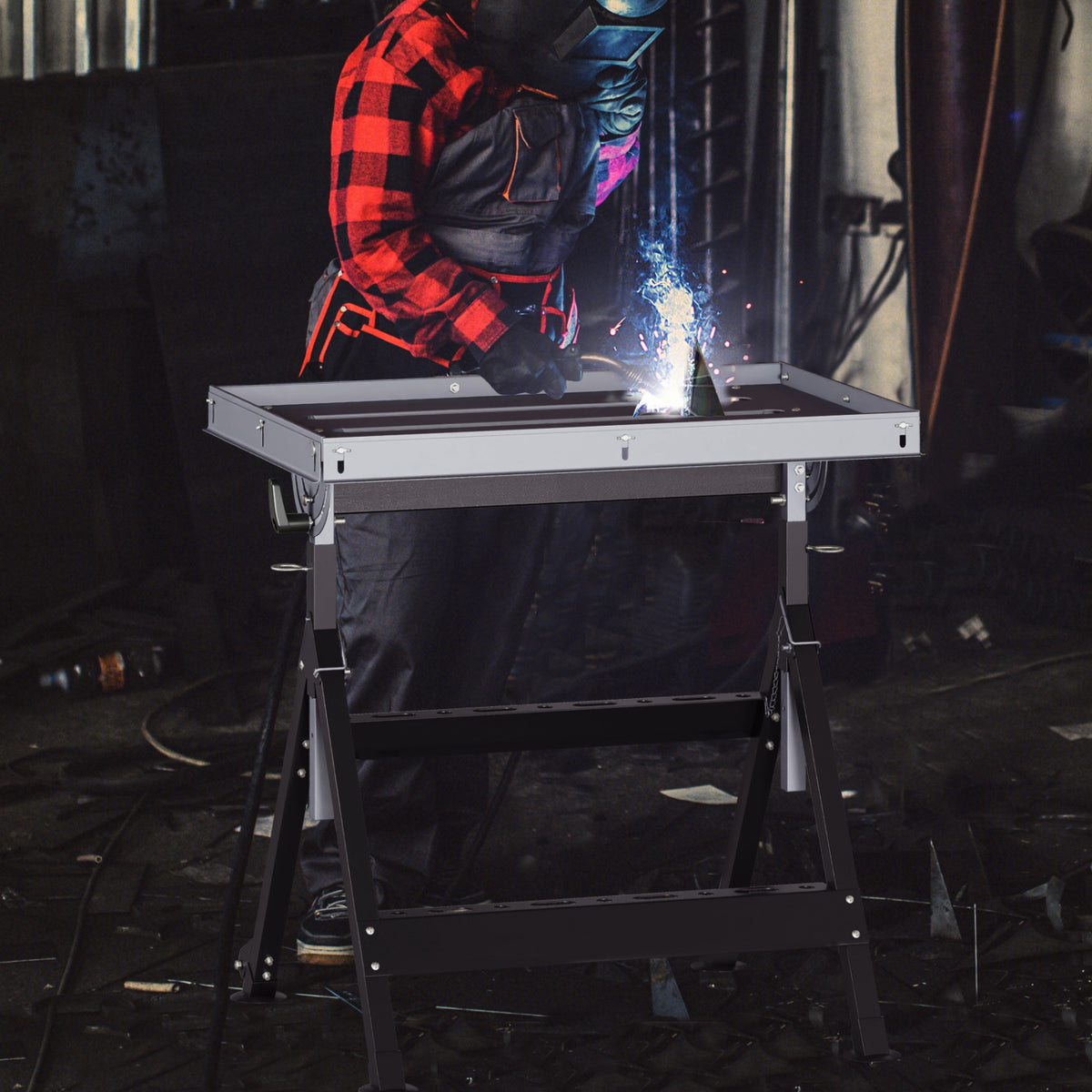 Folding Welding Table, 4-Level Height Workbench – Black