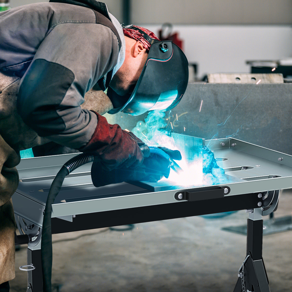 Folding Welding Table, 4-Level Height Workbench – Black
